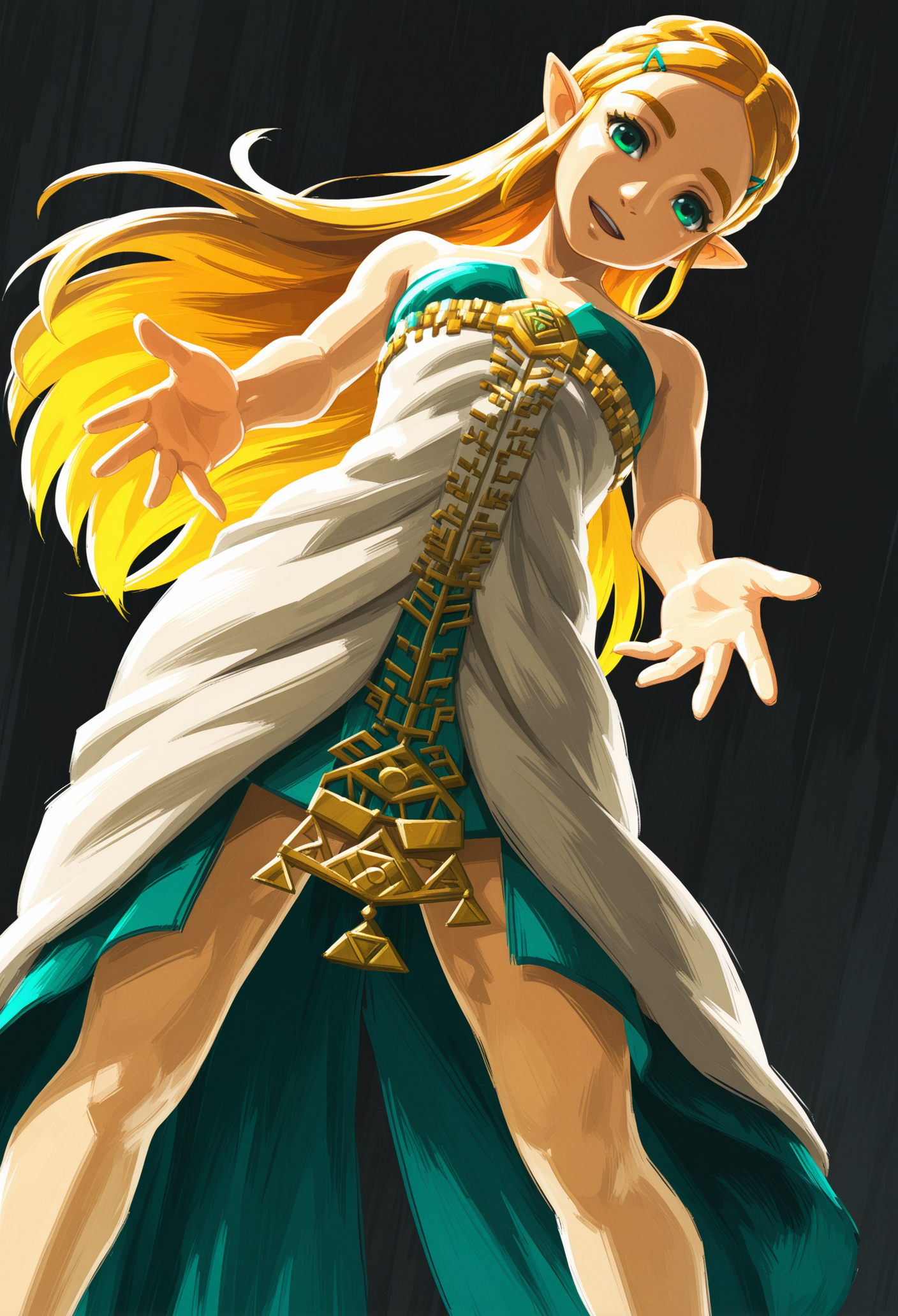 head tilt,
dutch angle,looking at viewer, BREAK
1girl,princess zelda,small breasts,head tilt,white dress,standing, bare legs, smile, open mouth,  reaching towards viewer, 
thighs, black  background simple background,
(thick lips:-1),
<lora:ZeldaRender-V1:1> zeldarender