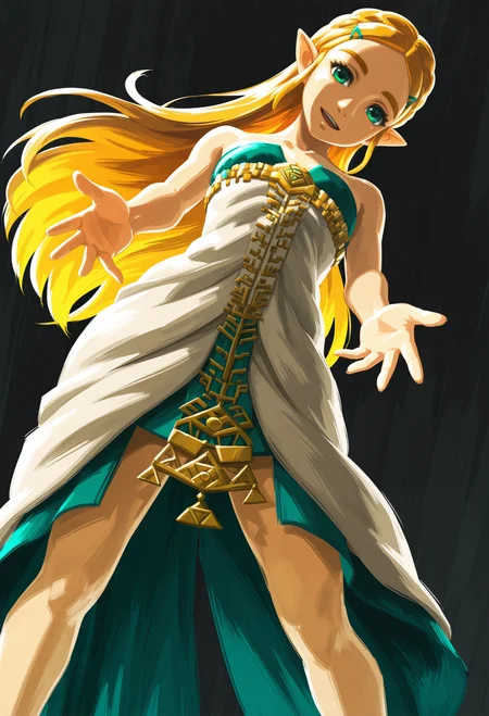 head tilt,
dutch angle,looking at viewer, BREAK
1girl,princess zelda,small breasts,head tilt,white dress,standing, bare legs, smile, open mouth, reaching towards viewer,
thighs, black background simple background,
(thick lips:-1),
<lora:ZeldaRender-V1:1> zeldarender