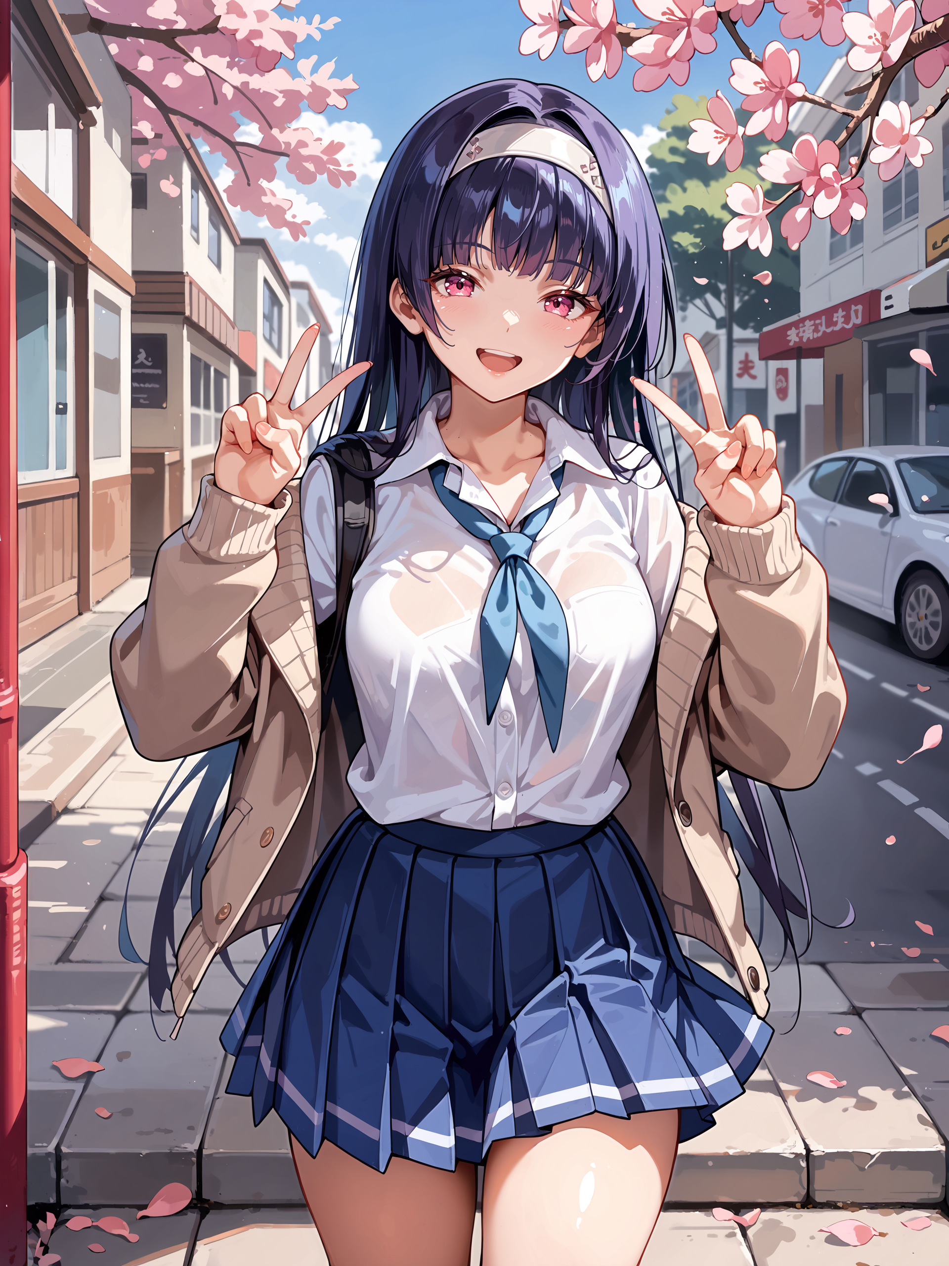 score_9, score_8_up, score_7_up, source_anime, ray tracing, best quality, <lora:Style-Expressive_H-pony:0.8:hr=0.4>,  <lora:Char-ZZZ-Astra-V1-Pony:0.8:hr=0.5>, 1girl, solo, astra yao, white hairband, solo, school uniform, white shirt, sweater, pleated skirt,  light smile, double v, looking at viewer, smile, open mouth, outdoors, street, cherry blossoms, petals, depth of field