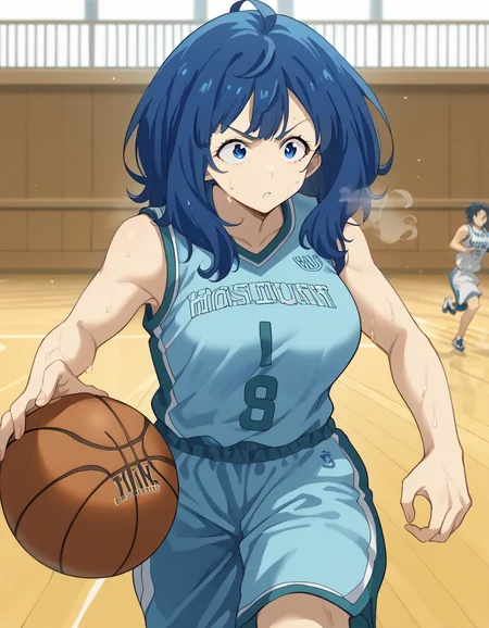 score_9, score_8_up, score_7_up, source_anime, <lora:anna-yanami-s1-ponyxl-lora-nochekaiser:1>, anna yanami, medium hair, blue eyes, ahoge, blue hair, large breasts,, <lora:basketball-dribbling-ponyxl-lora-nochekaiser:1> basketball dribbling, dribbling (basketball), basketball, basketball (object), basketball court, playing sports, ball, sweat, steam, running,, <lora:basketball-uniform-ponyxl-lora-nochekaiser:1> basketball uniform, basketball jersery, sportswear, jersey, shorts, sleeveless,, cowboy shot,