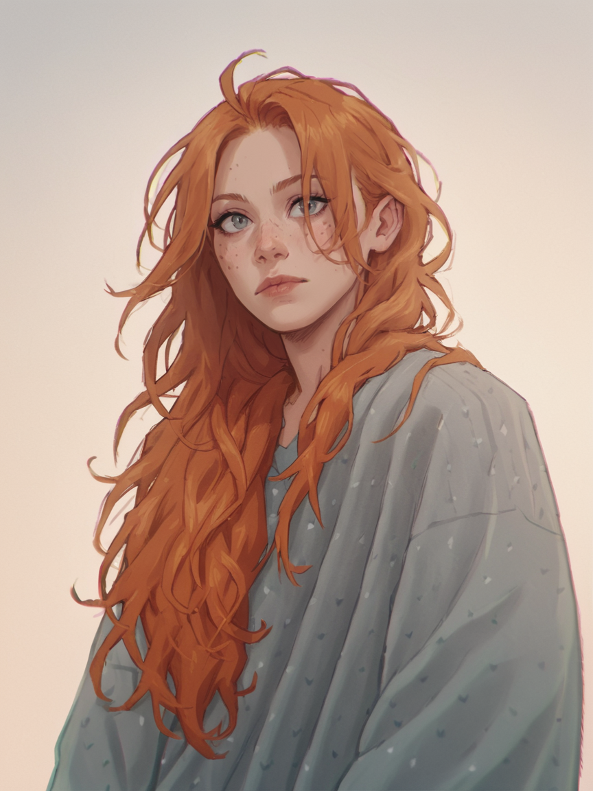 score_9, score_8_up, score_7_up, score_6_up, score_5_up, score_4_up, 1girl, Fr3ckles, freckles, grey eyes, ginger hair, long hair, <lora:Fr3ckledXLP:0.3>   <lora:ju1ch3XLP:1> ju1ch3,