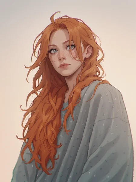 score_9, score_8_up, score_7_up, score_6_up, score_5_up, score_4_up, 1girl, Fr3ckles, freckles, grey eyes, ginger hair, long hair, <lora:Fr3ckledXLP:0.3> <lora:ju1ch3XLP:1> ju1ch3,
