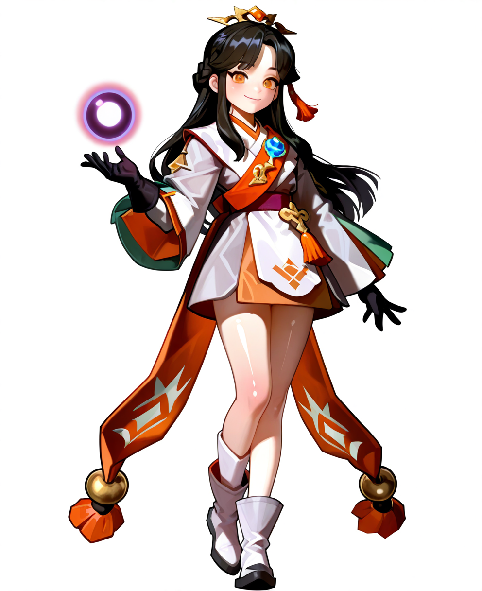 <lora:smashlegends:1> smashlegends,
(masterpiece), (best quality), (ultra-detailed), amazing quality, very aesthetic, illustration, perfect composition, intricate details, absurdres, incredibly absurdres, shiny skin, realistic,
 smashlegends, 1girl, solo, full body, gloves, sash, orb, white footwear, black hair, smile, long hair, closed mouth, sidelocks, standing, looking at viewer, hand up, orange eyes, long sleeves, simple background, wide sleeves, obi, transparent background, boots, heel up, happy, kimono, japanese clothes, gem, floating object, braid, hair ornament, arm at side, short kimono, black gloves, socks, white kimono, short dress, white socks, light blush, floating, tassel, general