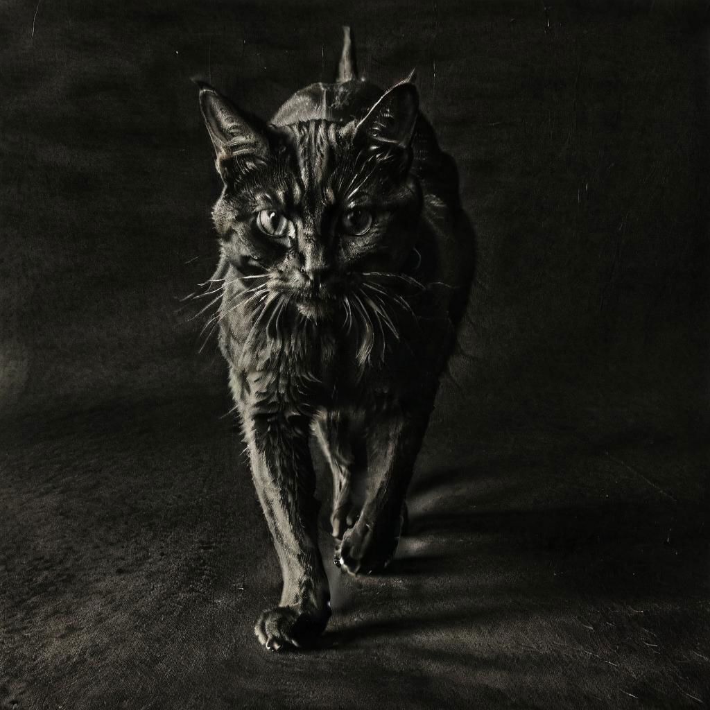 ASCIIDark walking Cat, on a dark background, photography K4RL style, black and white