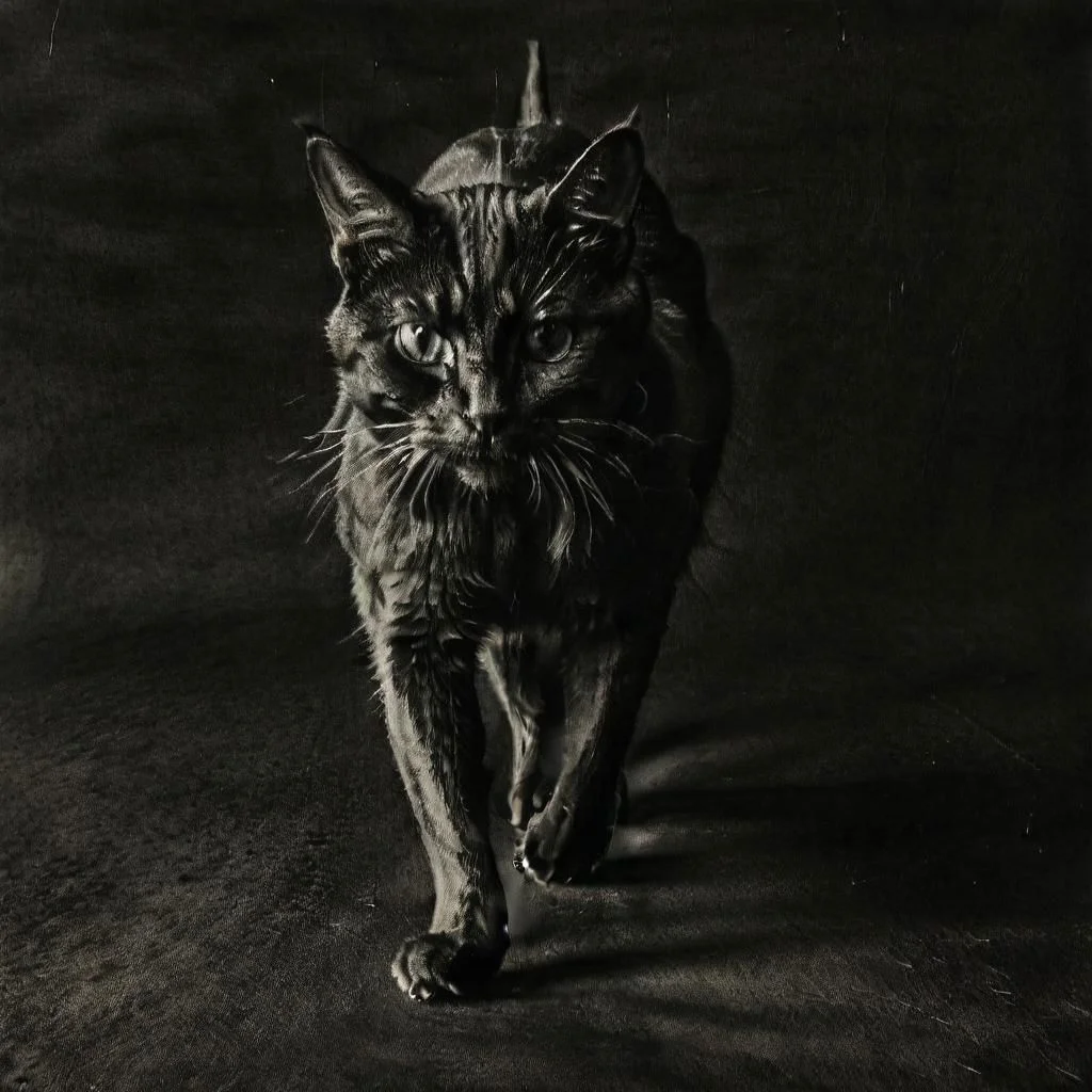 ASCIIDark walking Cat, on a dark background, photography K4RL style, black and white