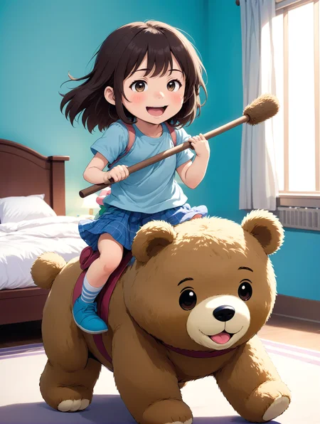 minigirl riding on teddy bear, <lora:riding_on_a:1>, (teddy bear:1.5) on_all_fours, riding,( minigirl:1.5), giant teddy bear, charge, attack,( holding_stick:1.5),( stick:1.4),( charging forward:1.5),  happy, funny, goofy, fluffy, bedroom, from side,, anime coloring, anime, source_anime, flat color,