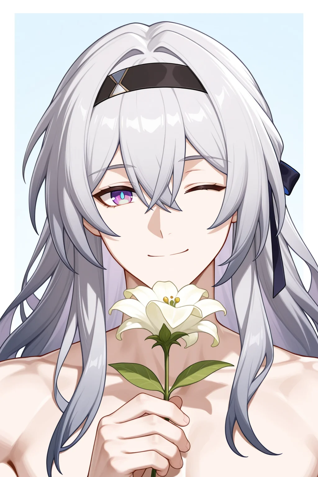 <lora:CCD-IL-000009:0.8>,CCD,firefly \(ar-26710) (honkai: star rail\), honkai: star rail,1girl, purple eyes, hair between eyes, two-tone eyes, grey hair, long hair, very long hair, white hair, black hairband,wink,holding flower,portrait,bara,male focus,very awa,masterpiece,best quality,amazing quality,nsfw,uncersored,highres,best quality,amazing quality,best aesthetic,absurdres,