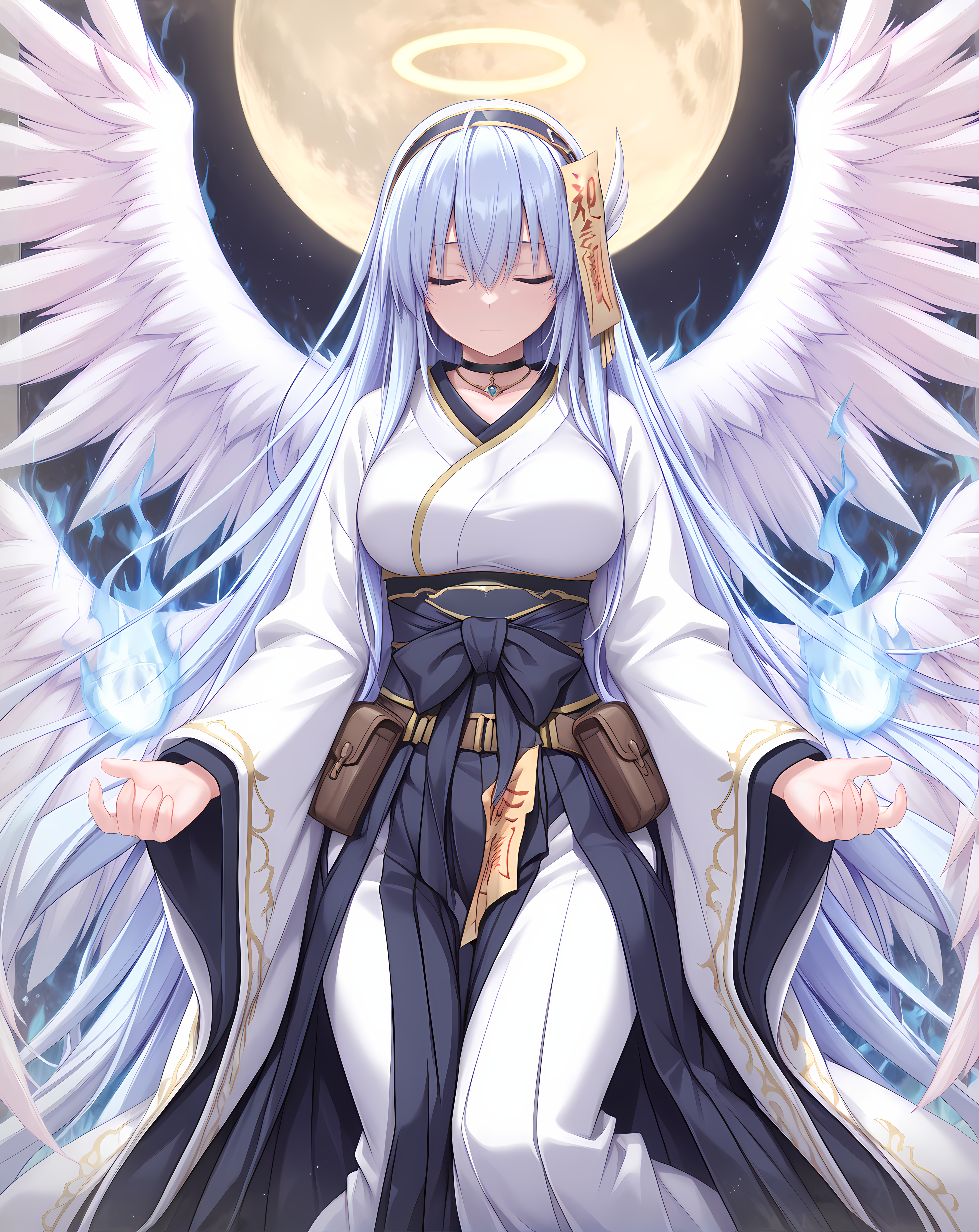 <lora:Mehisha:0.85>,mehisha,large breasts,very long hair,blue hair,blue eyes,hair between eyes,halo,angel wings,white wings,solo,closed eyes,japanese clothes,choker,hakama,skirt,blue fire,white kimono,ofuda,closed mouth,necklace,fire,kimono,halo,jewelry,hakama skirt,talisman,facing viewer,bangs,long sleeves,wide sleeves,pouch,breasts,black choker,moon,glowing,, masterpiece,best quality,amazing quality, very aesthetic, absurdres,detailed eyes,ultra-detailed,