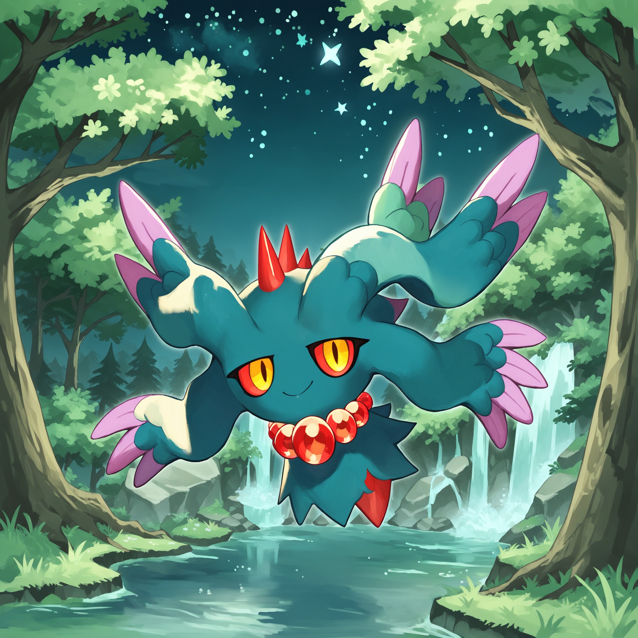 score_9, score_8_up, score_7_up, FlttrMn, pokemon \(creature\), (solo), full body, necklace, colored sclera, looking at viewer, nature, grass, waterfalls, trees, night, starry sky, smile, <lora:cefaa866-a58e-40ba-a219-79ab392f7d60:1.0>, <lora:606b0d3e-9353-473a-8e73-9b1e17247a5b:0.9>