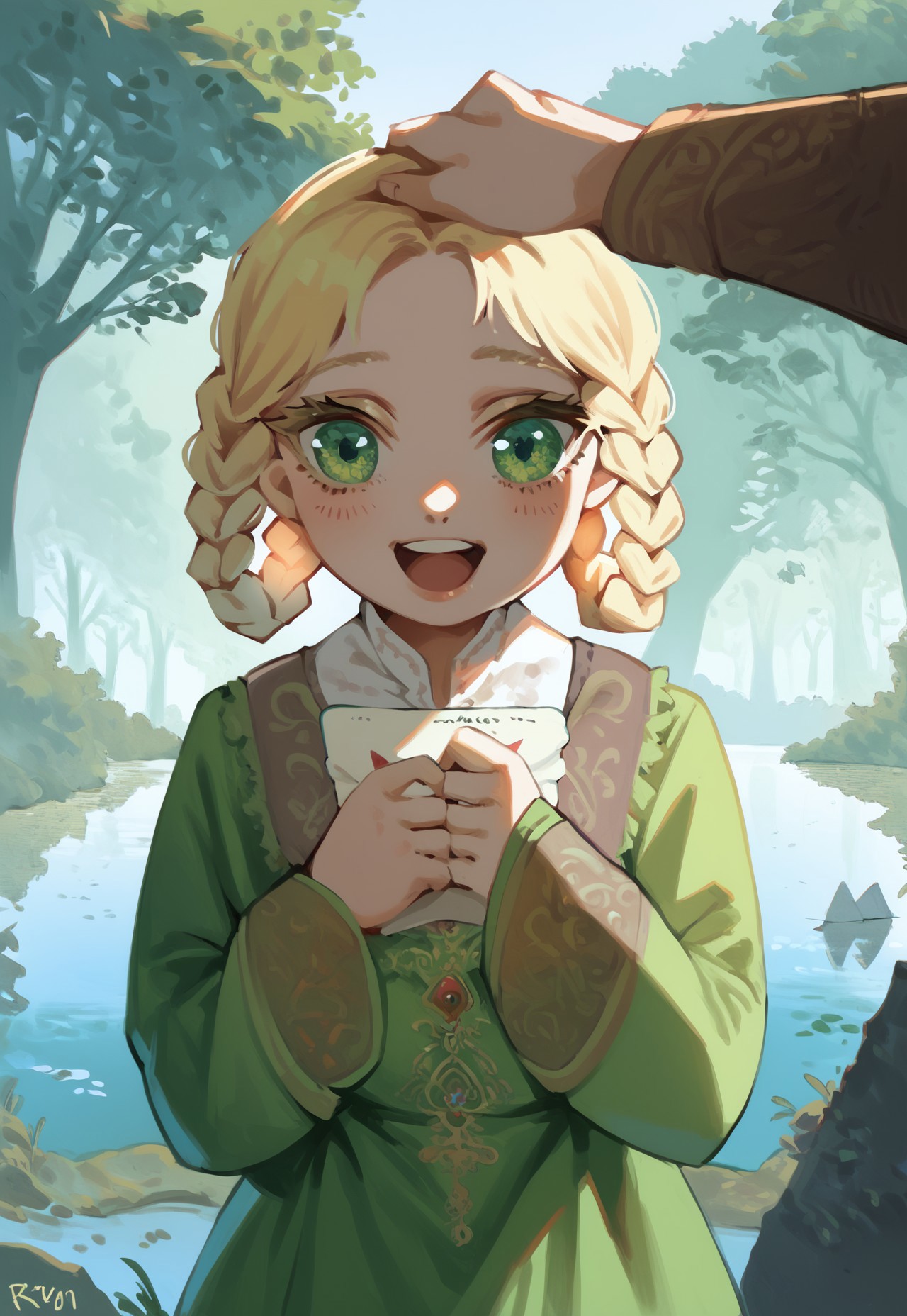 score_9, score_8_up, score_7_up, 1girl, Rya, ryazorayas, blonde hair, green eyes, braided hair rings, green dress, long sleeves, cute face, happy, young, outside, foggy weather, lake, dead trees, rock formations, holding a letter, headpat, pov hands, hands, cinematic lighting, portrait, closeup, very aesthetic background, ultrahigh resolution, detailed, masterpiece, b3yum1