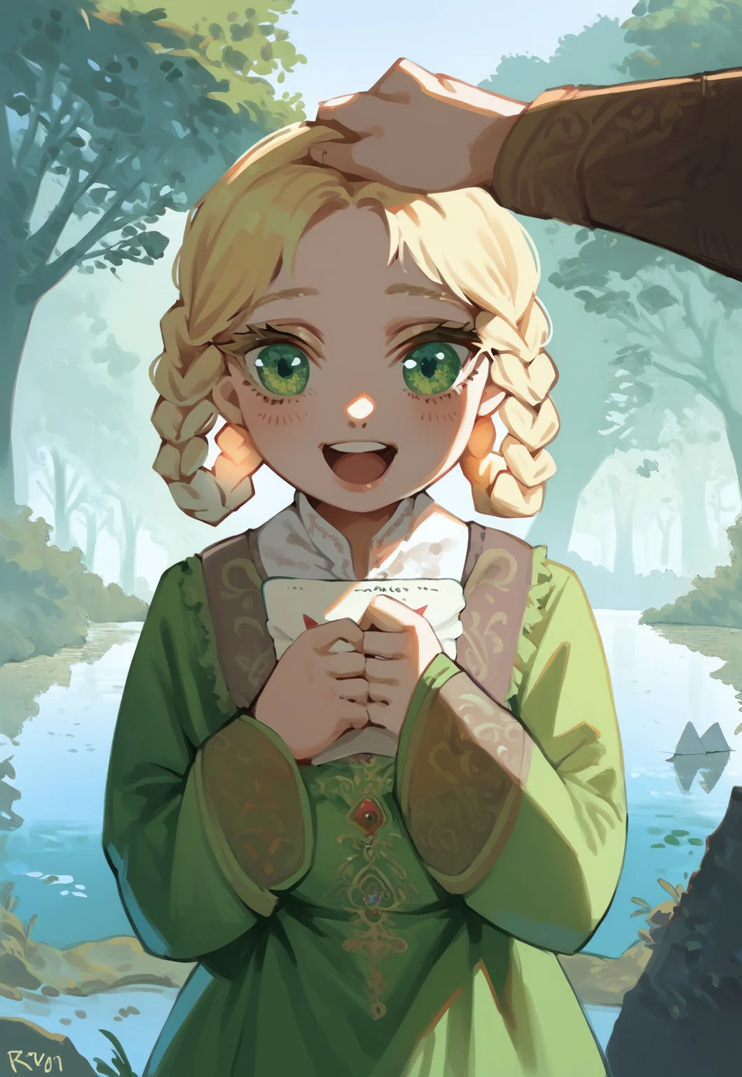 score_9, score_8_up, score_7_up, 1girl, Rya, ryazorayas, blonde hair, green eyes, braided hair rings, green dress, long sleeves, cute face, happy, young, outside, foggy weather, lake, dead trees, rock formations, holding a letter, headpat, pov hands, hands, cinematic lighting, portrait, closeup, very aesthetic background, ultrahigh resolution, detailed, masterpiece, b3yum1