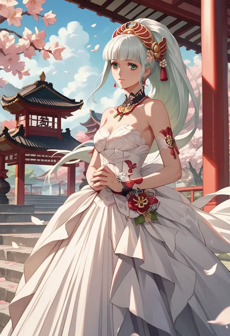 score_9, score_8_up, score_7_up, source_anime, 1girl, LAILAH (TALES OF ZESTIRIA), white wedding dress, japanese wedding, japanese architecture