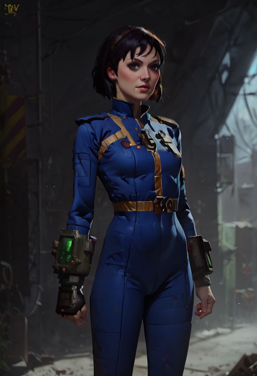 score_9, score_8_up, score_7_up, 1girl, 20 year old, gorgeous woman, wearing a vault tec vault suit, pipboy3000, fallout, tiny arms, tiny legs, tiny size breasts, tiny petite frame, harsh sunlight, standing, posing shyly