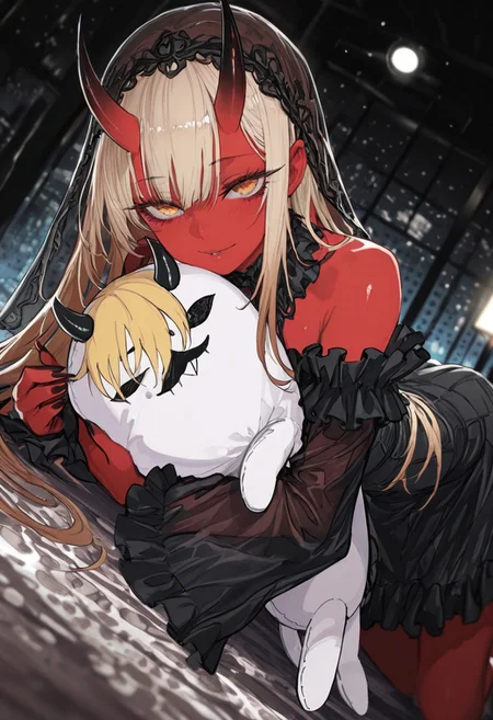 masterpiece, amazing quality, best quality, ultra-detailed, 8K, illustrating, CG, bioluminescent skin, ultra-detailed-eyes, detailed background, cute girl, eyelashes, lowlight
BREAK
sexy, slutty, hot, aroused, 
Aka-Oni, oni, colored skin, red skin, smooth horns, black horns
BREAK
(EyesHD:1.2), (4k,8k,Ultra HD), masterpiece, best quality, ultra-detailed, very aesthetic, sharp focus, depth of field, ray tracing, best lighting, detailed illustration, detailed background, cinematic, beautiful face, beautiful eyes, 
BREAK
detailed background, eyelashes, erotic, looking seductive, coy. dynamic action image, detailed face, detailed eyes, direct mesmerizing gaze, 
BREAK
 sharp_focus, detailed_eyes, looking_at_viewer, cutely, long_lashes, frilly_dress, veil_draped, opaque_tighhighs, chromatic_colors, circles, halftone_background, wind_effect, over-the-shoulder, side_glance, lying_down, hugging_stuffed_animal, half_up_half_down, blonde_hair, brown_hair,