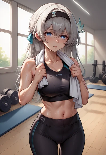 score_9, score_8_up, source_anime, 1girl, solo, FireflyHSR, blue pupils, long hair, black hairband, hair ornament, black sports bra, sweaty clothes, yoga pants, groin, sweat, wiping sweat, holding towel, gym, indoors, <lora:ChamFireflyV2PonyXL:1>