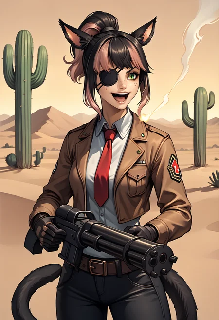 score_9, score_8_up, score_7_up BREAK <lora:clamXIVMC_v30:1> solo, 1girl, xivmc, animal ears, two-tone hair, ponytail, green eyes, slit pupils, freckles, tail, <lora:GatlingGun_pdxl_Incrs_v1:1> gatling gun, holding gatling gun, [:smoke, firing:0.25], brown jacket, white collar, red tie, belt, black pants, gloves, eye patch, laugh, outside, desert, cactus,