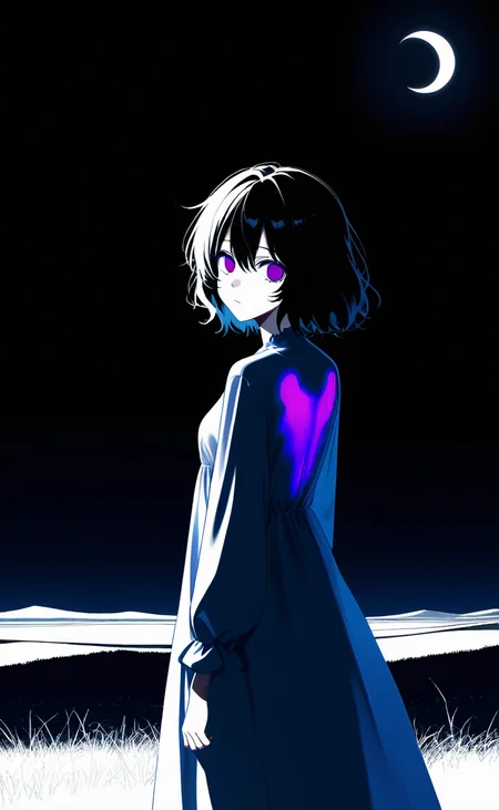 Dark Beauty, limited color palate [black|white|red|blue|purple], 1girl, depressed, (looking over shoulder at viewer), sheer white gown, side view, lit from behind, body silhouette, moon, mist, hills, black hair, wild hair, lost, vacant eyes, wide eyes, lost expression, melancholy, night, black background,
score_9, score_8_up, score_7_up, score_6_up
