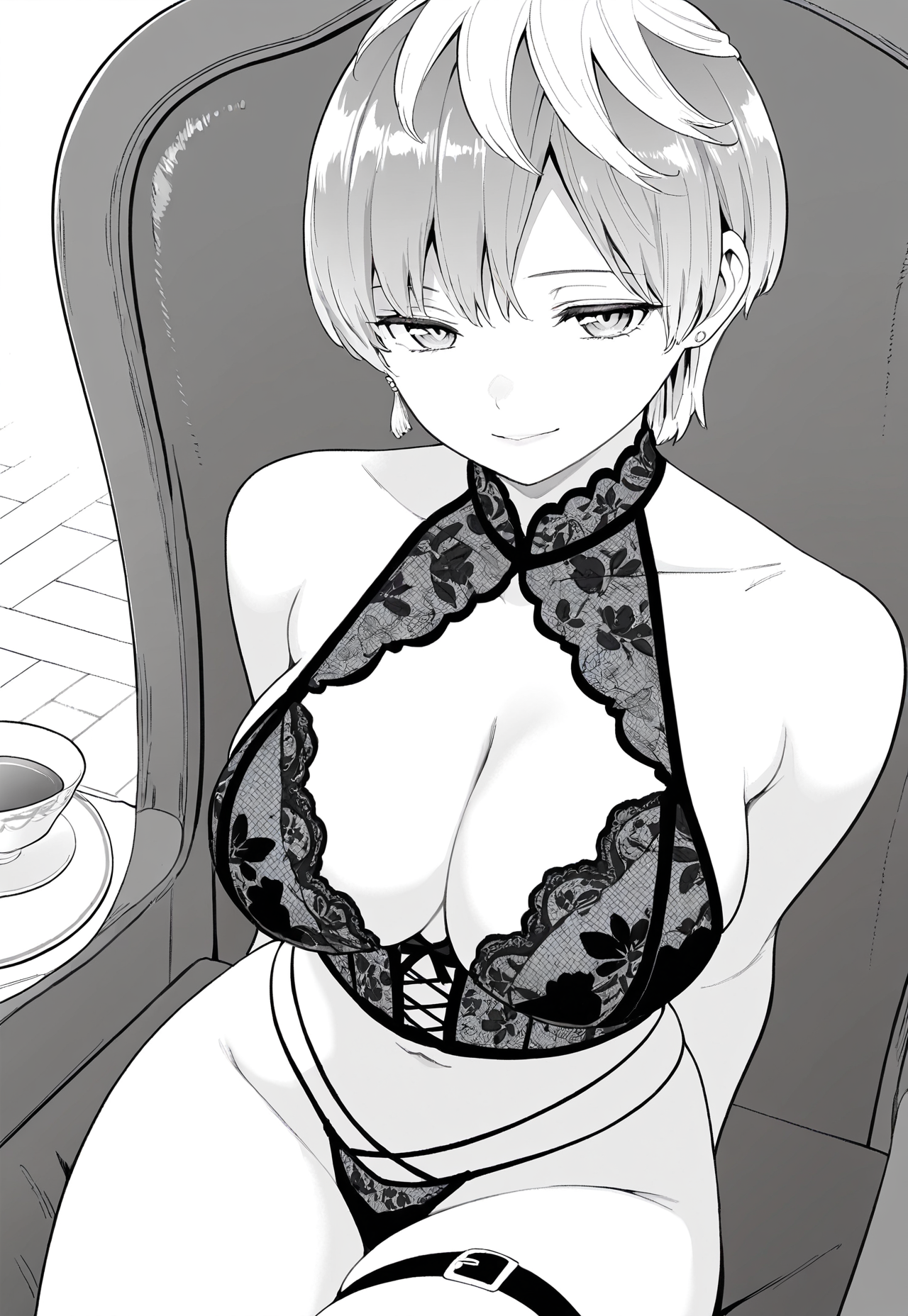 masterpiece, best quality, amazing quality, 1girl, solo, tenka izumo, short layered hair, side bangs, sharp eyes, earring on right ear, large breasts, wide hips, black lace halter bra, open cup design, matching high-waist thong, thigh straps, lingerie, sitting sideways on chair, arms behind back, confident smile, monochrome


