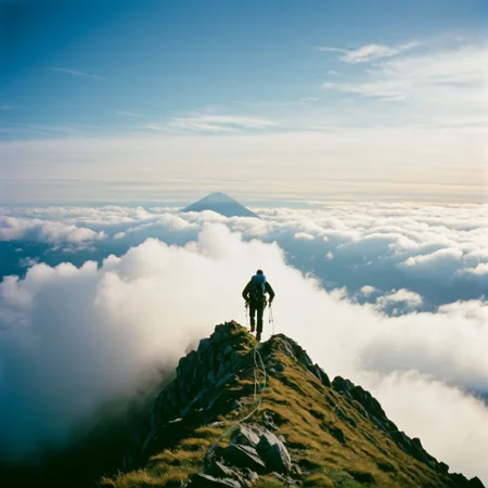 (film photography style:1.5) a full-body shot of a man climbing a mountain, fluffy clouds, early morning, medium grain <lora:SDXL_FILM_PHOTOGRAPHY_STYLE_V1:.8>