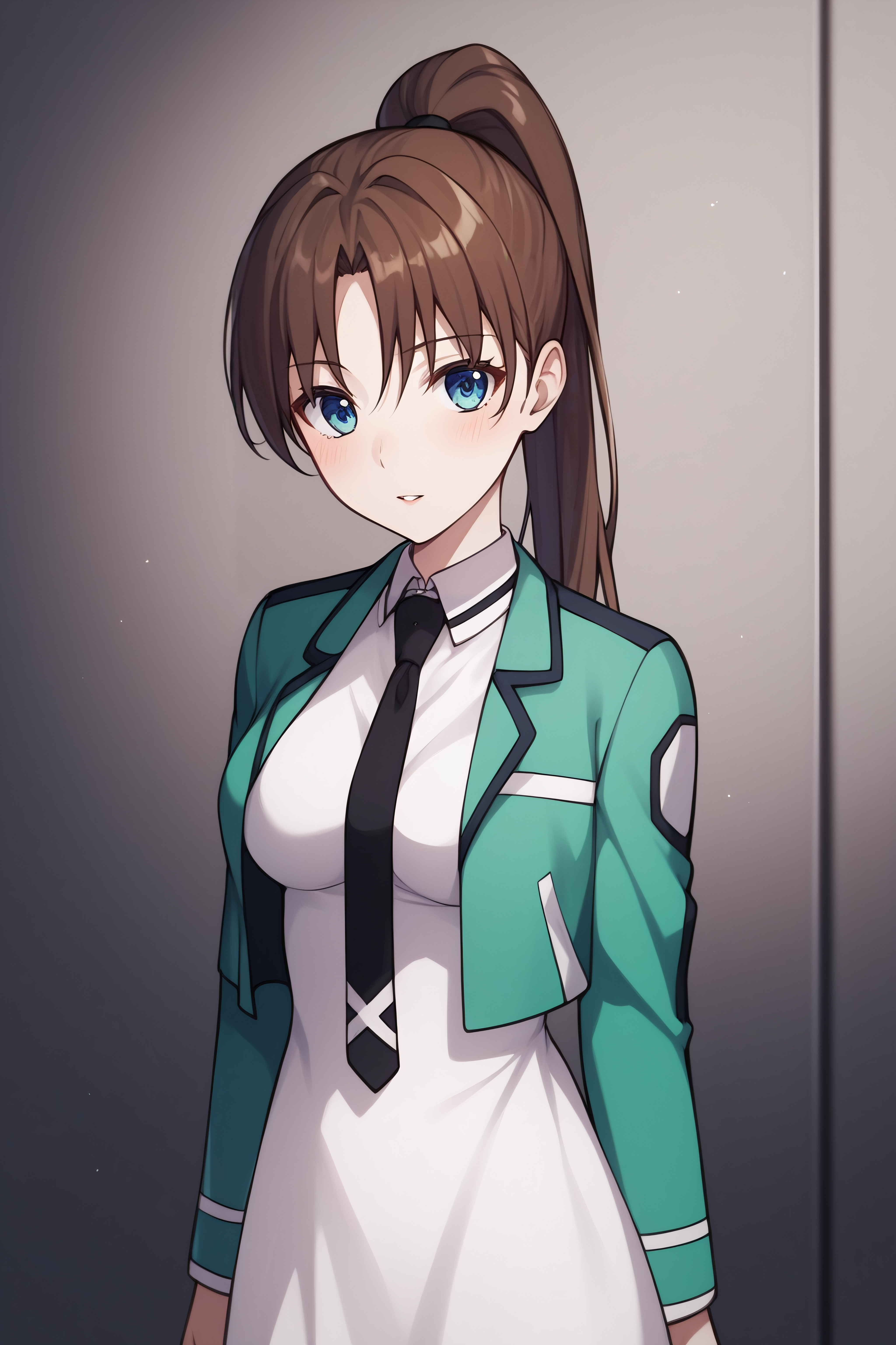 score_9, score_8_up, score_7_up, BREAK source_anime, <lora:sayaka mibu-PonyXL-lora-Faxtron:0.8> sayaka mibu, blue eyes, brown hair, high ponytail, medium breasts, cropped green jacket, long sleeves, white dress, necktie, pantyhose,