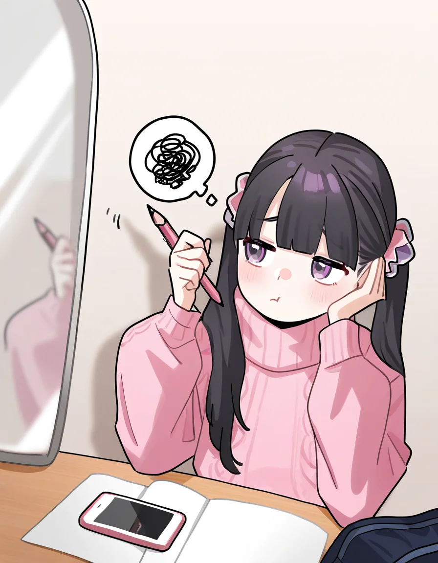 <lora:lijing_noob:1>,skin1,lijing,1girl,pencil,sweater,twintails,black hair,pink sweater,squiggle,mechanical pencil,spoken squiggle,holding,phone,turtleneck,thought bubble,mirror,bangs,
masterpiece,best quality,very aesthetic,absurdres,