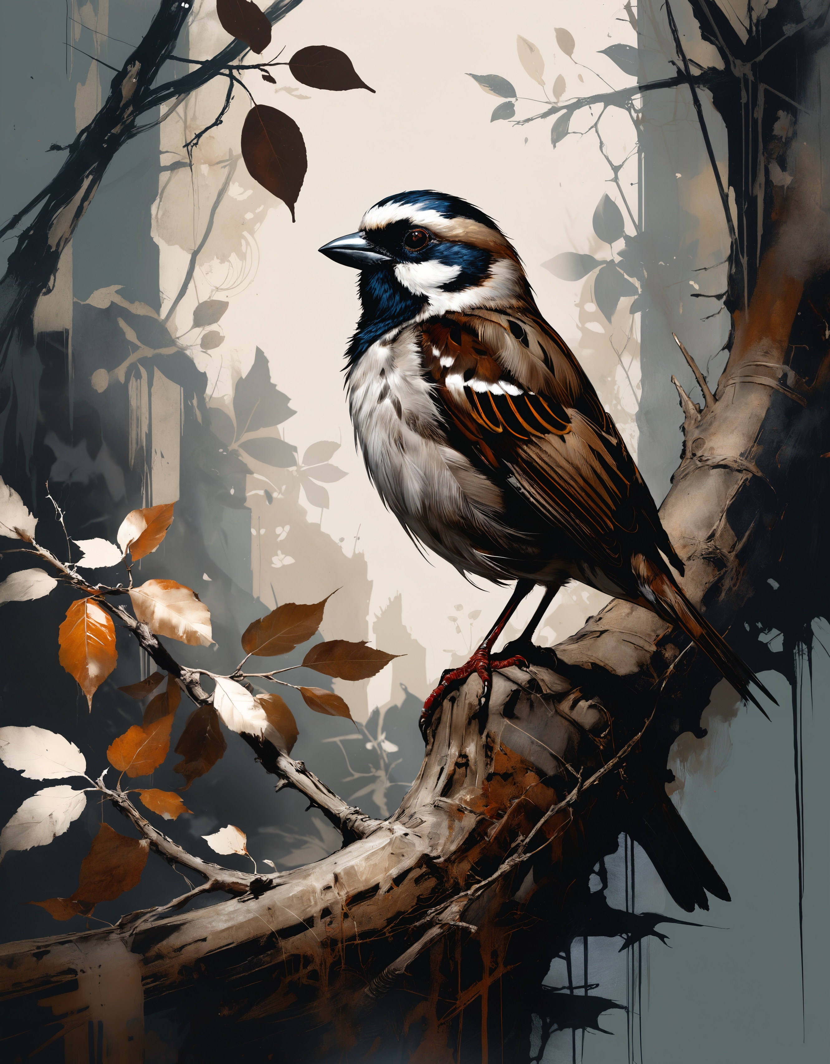Sparrow in a treetop. Rococo pattern. in a hyperdetailed approach akin to the works of Russ Mills, Alan Lee and Eric Canete, featuring cinematic lighting with a spotlight on the dark stage, perfect composition, strong shadows, soft color palette with ink accents, Impasto paint smudges. Oils on canvas. Intricate hyperdetailed Background. Liquid guache. Shakespeare doing deep philosophy. Tetradic colou