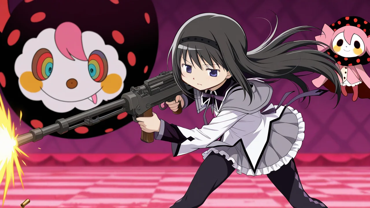 (charlotte (madoka magica), witch (madoka magica), witch's labyrinth:1.4), fight, dynamic pose, 1girl, close-up, firing, handgun,, masterpiece, best quality, amazing quality, very aesthetic, absurdres, newest, anime screencap, <lora:checkpoint-e18_s792:1>, akemi homura, black hair, long hair, purple eyes, hairband, black hairband, sidelocks, magical girl, grey skirt, grey coat, frills, frilled skirt, neck ribbon, purple ribbon, ribbon, skirt, coat, black pantyhose, holding, holding shield, pantyhose, shield, black capelet, capelet, shirt, white shirt, holding gun, machine gun, magazine, weapon, shell casing, drum magazine,