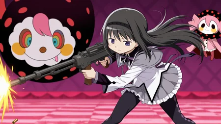 (charlotte (madoka magica), witch (madoka magica), witch's labyrinth:1.4), fight, dynamic pose, 1girl, close-up, firing, handgun,, masterpiece, best quality, amazing quality, very aesthetic, absurdres, newest, anime screencap, <lora:checkpoint-e18_s792:1>, akemi homura, black hair, long hair, purple eyes, hairband, black hairband, sidelocks, magical girl, grey skirt, grey coat, frills, frilled skirt, neck ribbon, purple ribbon, ribbon, skirt, coat, black pantyhose, holding, holding shield, pantyhose, shield, black capelet, capelet, shirt, white shirt, holding gun, machine gun, magazine, weapon, shell casing, drum magazine,