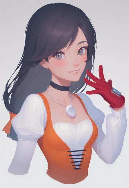 score_9, score_8_up, score_8, score_7_up, score_7, CMRNM, detailed eyes, 1girl, blush, smile,
garnet, grey eyes, long hair, black hair, low-tied long hair, swept bangs, hair ribbon,
bodysuit, choker, gloves, jewelry, juliet sleeves, long sleeves, necklace, orange bodysuit, pendant, puffy sleeves, red gloves,
full body