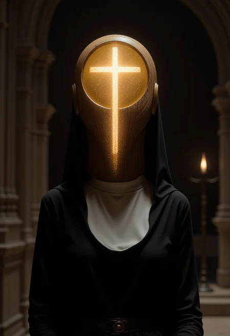 A close-up surreal portrait of an ornate Catholic nun, dressed in a black and white habit, standing solemnly in a dark, shadowy environment. Her body posture is perfectly still, her hands are behind her back and her head is a hollow, featureless piece of carved wood, shaped into a smooth, rounded form without facial features. In the center of the wooden head, there is a prominent cross-shaped cutout, its edges smooth and precise, creating a clean geometric void where the face should be. From within the hollow head, a golden light glows softly, its rays streaming through the cross-shaped cutout, casting narrow beams of light into the darkness. The light is warm and ethereal, creating a holy, almost divine aura around her head, illuminating the inner wooden textures with a subtle golden glow as she looks slightly upwards and to the right. The rays of light extend outward in delicate, narrow lines, piercing through the darkness and illuminating tiny dust particles floating in the air, giving the scene a dreamlike, mystical atmosphere. The wooden head is smooth and polished, reflecting the golden light faintly along its curved surface. The cross-shaped cutout is the only break in the perfect wooden form, drawing the viewer’s focus to the emptiness within. The background is dark and minimalistic, with the faint outlines of ancient stone arches, reminiscent of a Gothic cathedral, barely visible in the shadows. The distant silhouettes of candles flicker dimly.