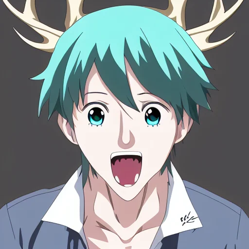 aqua hair, short hair, english text, blood, realistic, antlers, male focus, retro artstyle, open mouth