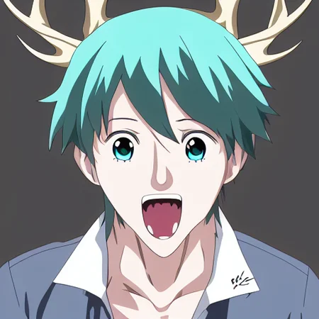 aqua hair, short hair, english text, blood, realistic, antlers, male focus, retro artstyle, open mouth