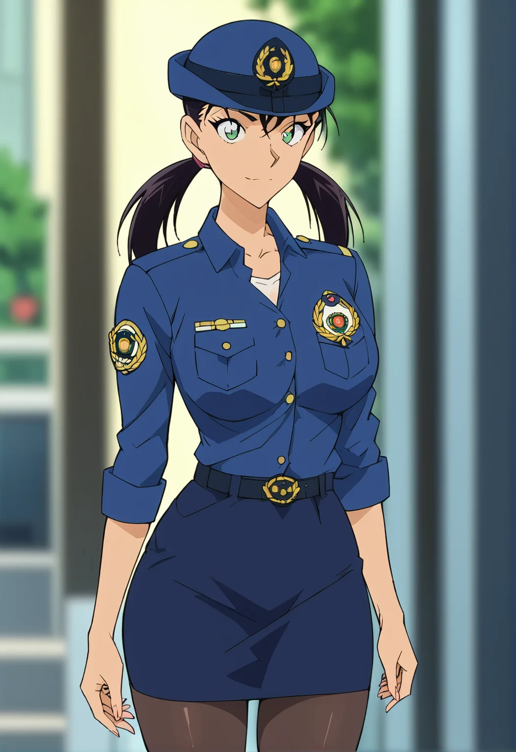 score_9, score_8_up, score_7_up, score_6_up, Light Outline,
(((1girl,solo,Portrait,front view,girl,))),
large breasts, thin thighs,thin hips,thin waist,
Miike Naeko,black hair,twintails,police uniform, cap, badge,pencil skirt, long sleeves, 
(Sheer Textured Dark Pantyhose,blurry background, ),
 <lora:PONY_Naeko_Miike_Anime_Detective_Conan:1>
