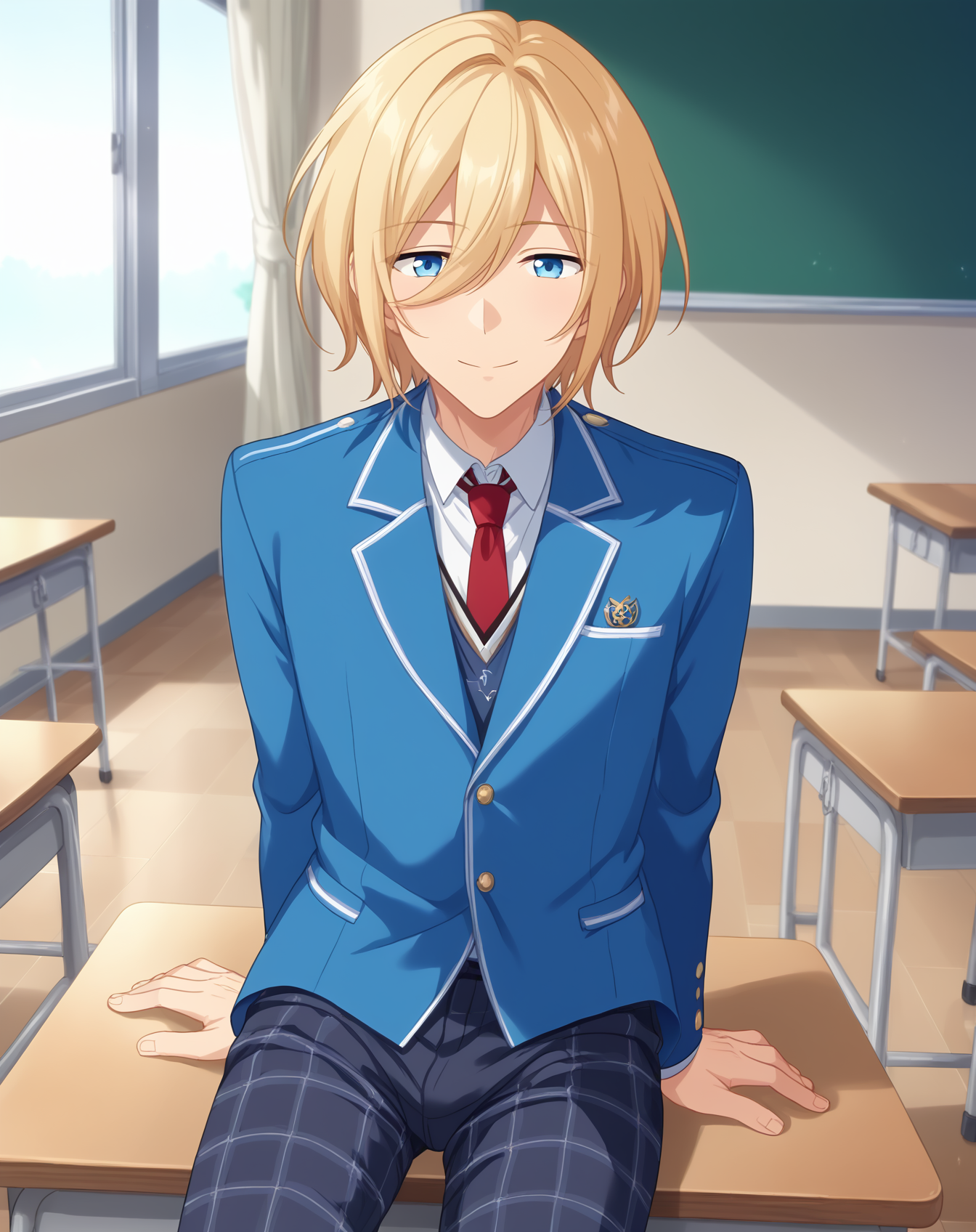 score_9, score_8_up, score_7_up, source_anime, anime screencap, depth of field, rating_safe, BREAK,
1boy, solo, yaoi, male focus, looking at viewer, cowboy shot, facing viewer,
 <lora:tenshouin_eichi_pony:1> tenshouin_eichi_pony, blonde hair, blue eyes, medium hair, hair between eyes, bangs, 
yumenosaki school uniform, blue jacket, white shirt, collared shirt, red necktie, black pants, plaid pants, 
indoors, school, classroom, desk, sitting, arms at sides, 
<lora:age_slider_v4:1.75>