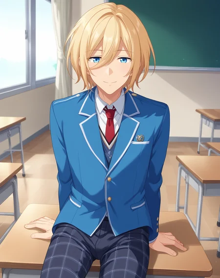 score_9, score_8_up, score_7_up, source_anime, anime screencap, depth of field, rating_safe, BREAK,
1boy, solo, yaoi, male focus, looking at viewer, cowboy shot, facing viewer,
<lora:tenshouin_eichi_pony:1> tenshouin_eichi_pony, blonde hair, blue eyes, medium hair, hair between eyes, bangs,
yumenosaki school uniform, blue jacket, white shirt, collared shirt, red necktie, black pants, plaid pants,
indoors, school, classroom, desk, sitting, arms at sides,
<lora:age_slider_v4:1.75>