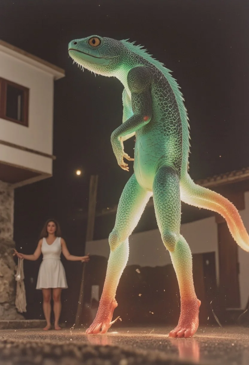 Bosstyle, closeup of a beautiful busty princess in billowing white dress fighting a giant green translucent chameleon Boss By Wes Anderson and HR Giger: Capture the essence of nostalgia and color in this vintage photograph of a summer festival. Dominating the scene is a meticulously detailed translucent dark-green spirit chameleon, adorned with vibrant patterns, leaping regally through the air. His long, agile legs glisten with intricate designs, adding to the spectacle of the moment. Amidst the quietude of the night, his presence exudes a sense of ancestral strength and resilience. embodying the tragic anti-hero in a world bathed in neon lights and digital despair,