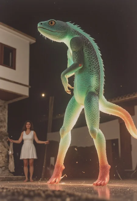 Bosstyle, closeup of a beautiful busty princess in billowing white dress fighting a giant green translucent chameleon Boss By Wes Anderson and HR Giger: Capture the essence of nostalgia and color in this vintage photograph of a summer festival. Dominating the scene is a meticulously detailed translucent dark-green spirit chameleon, adorned with vibrant patterns, leaping regally through the air. His long, agile legs glisten with intricate designs, adding to the spectacle of the moment. Amidst the quietude of the night, his presence exudes a sense of ancestral strength and resilience. embodying the tragic anti-hero in a world bathed in neon lights and digital despair,