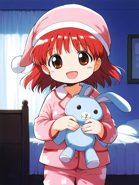 score_9, score_8_up, score_7_up, source_anime, rating_explicit, BREAK  <lora:momo_shunrai_XL:1> momo_ shunrai, short stack, flat chest, short hair,  red hair, brown eyes,
pink pajamas,  rabbit stuffed toy, pink night cap, stuffed animal, 1girl, comic,, open mouth, solo, Yellow button,
room, flooring, curtain, 
smile, standing,
looking at viewer, 
cowboyShot,