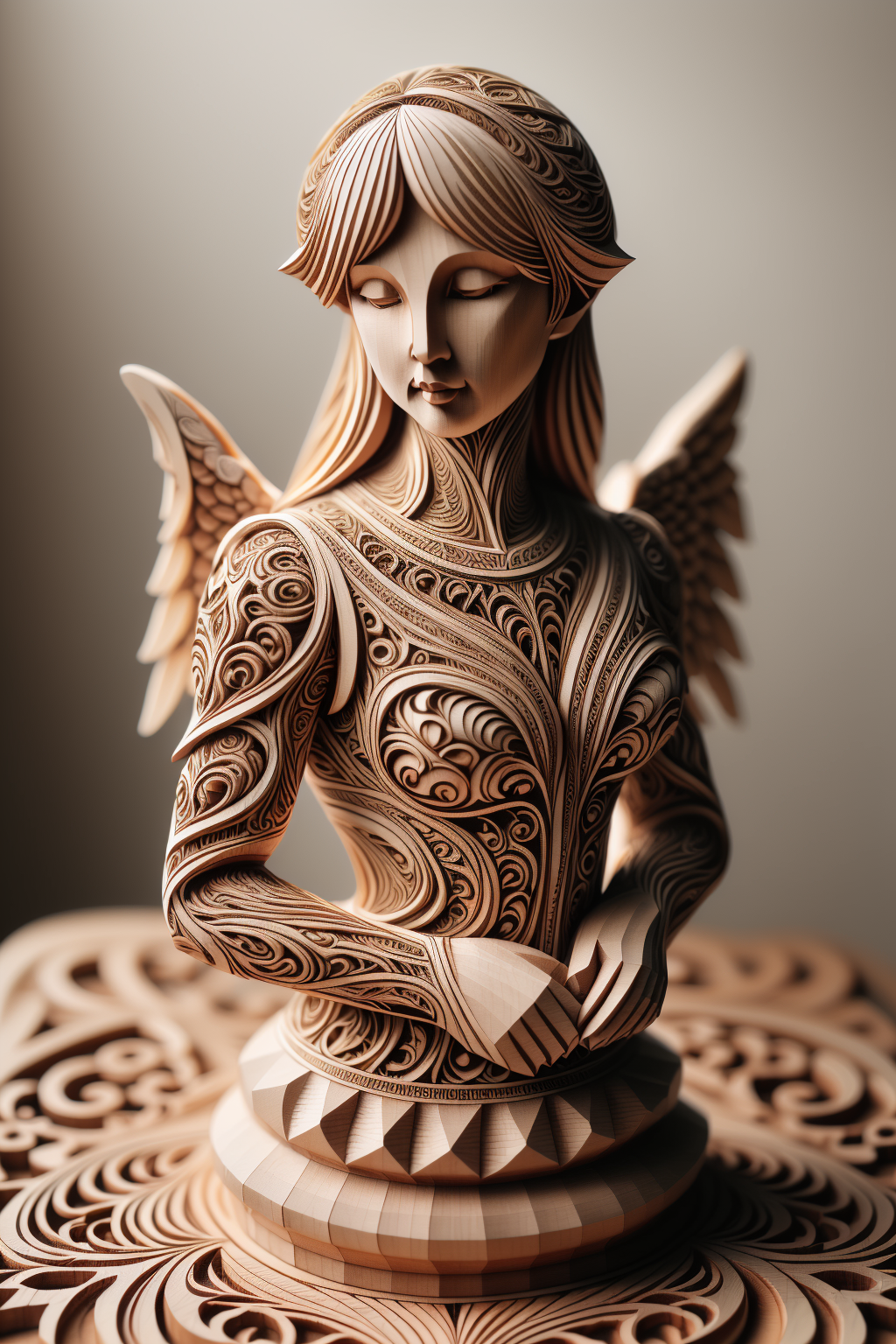 woodfigurez, closeup shot, masterpiece wood carving, angel carved out of big block of wood, detailed carving (painted with varnish colors:1.2), artistic style <lora:ral-woodfigurez:1>