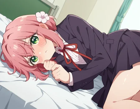 score_9, score_8_up, score_7_up, source_anime,
hakarihanazono, <lora:hakari-hanazono-s1-ponyxl-lora-nochekaiser:1>,
hakari hanazono, short hair, hair ornament, green eyes, pink hair, flower, hair flower, hair between eyes, sidelocks,
skirt, shirt, ribbon, school uniform, blazer, white shirt, pleated skirt, collared shirt, black skirt, red ribbon, neck ribbon,
indoors, bed, bed room, on side, blush, drunk,
looking at viewer, dutch angle, cowboy shot,