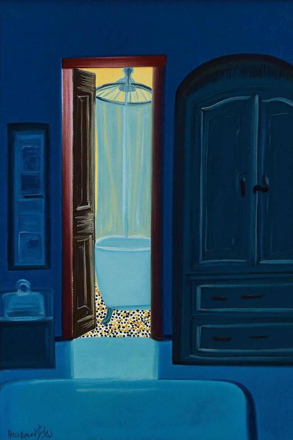 mawo1 painting
This is a painting created in a modern, abstract style. The artwork depicts an open door leading into a brightly lit bathroom, contrasting starkly with the darker, more muted tones of the hallway. The door, depicted in a deep, rich blue, is slightly ajar, revealing a glimpse of the interior. There is a bathtub with a shower curtain behind the door. There is a bed and a cabinet inside the dark room. <lora:mawo1_cap_d6a3e12:1.0><lora:821395457507958486:0>