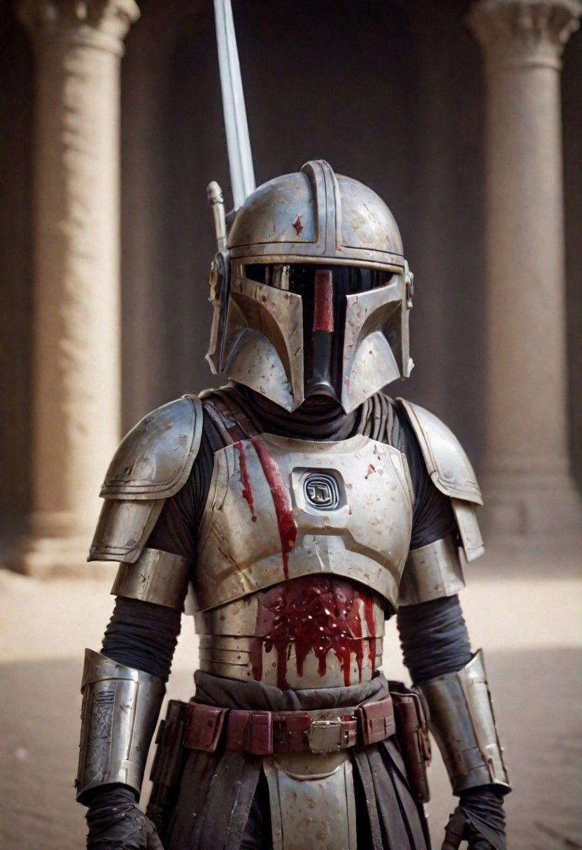 photography in the style of Labirynth movie, close up of (cute) and (sweet) creature with a (small) sword stained with (blood), inside a claustrophobic ancient and ruined labirynth ,fantasy,hyper detailed, real skin imperfections, hard lighting, bokeh, 18-20, Armor Star Wars