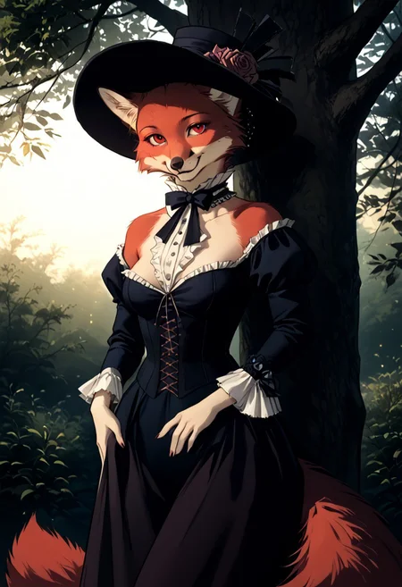 masterpiece,best quality, highly detailed, score_9, score_8_up, score_7_up, close up, very aesthetic, absurdres, highres, realistic, 5 fingers, (red fox), 1girl, (Victorian epoch outfit), hat plumage, fur, full body, (pumped athletic body:1.3), very confident, against tree, pumped breasts, furry, sexy, shy smiling, (wide hips), narrow shoulders, ((thick legs)),
Victorian epoch, outside, dynamic light, warm_light, vibrant colors warm_colors, soft focus, high contrast, textured surfaces, depth of field, golden hour lighting, dramatic shadows, rich details, nature-inspired color palette,