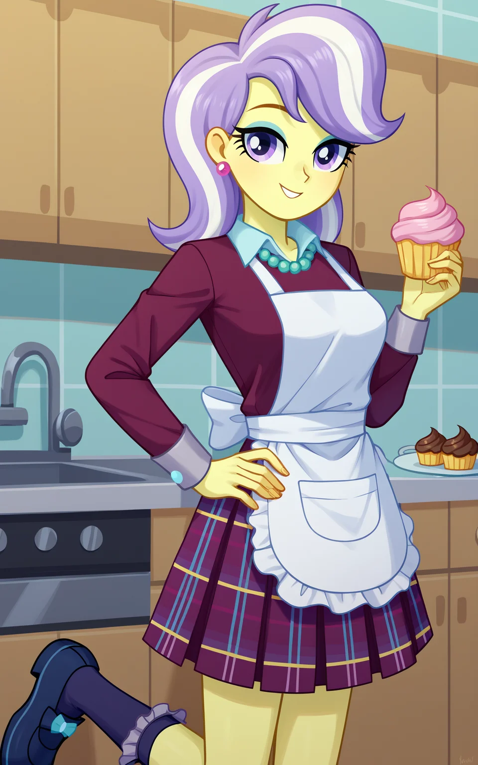 score_9, score_8_up, score_7_up, score_6_up, score_5_up, score_4_up score_9, score_8_up, cowboy shot, NSFW, source_anime, (kitchen background), cowboy shot, standing, 
<lora:UpperCrust_pony_v1-10:0.80> 1girl, solo, UpperCrust, (equestria girls, colored skin, yellow skin), multicolored hair, two-tone hair, white hair, purple hair, purple eyes, medium breasts, eyeshadow, jewelry, earrings, bead necklace, crystal prep academy uniform, plaid skirt, pleated skirt, purple socks, blue shoes, apron, food, cupcake
BREAK