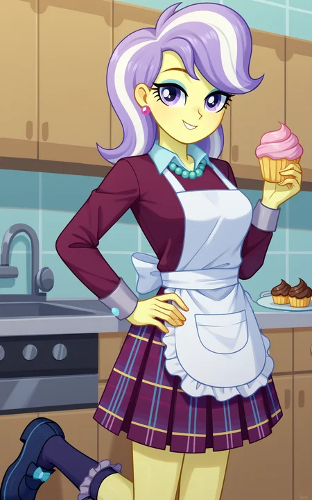 score_9, score_8_up, score_7_up, score_6_up, score_5_up, score_4_up score_9, score_8_up, cowboy shot, NSFW, source_anime, (kitchen background), cowboy shot, standing, 
<lora:UpperCrust_pony_v1-10:0.80> 1girl, solo, UpperCrust, (equestria girls, colored skin, yellow skin), multicolored hair, two-tone hair, white hair, purple hair, purple eyes, medium breasts, eyeshadow, jewelry, earrings, bead necklace, crystal prep academy uniform, plaid skirt, pleated skirt, purple socks, blue shoes, apron, food, cupcake
BREAK