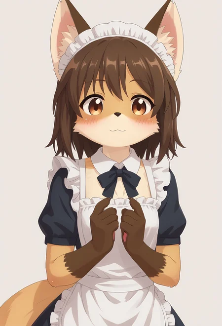 score_9, score_8_up, score_7_up, source_furry, kmc, <lora:FoxGirl_pony_v1:1>, anime screencap, furry female, furry, animal ears, tail, tareme, brown eyes, looking at viewer, blush, fox ears, brown hair, medium hair, (smile:0.7), closed mouth, maid, maid apron, maid headdress, fox tail, upper body, from above, simple background, white background, <lora:p:0.3> <lora:Anime_Screencap:0.7>