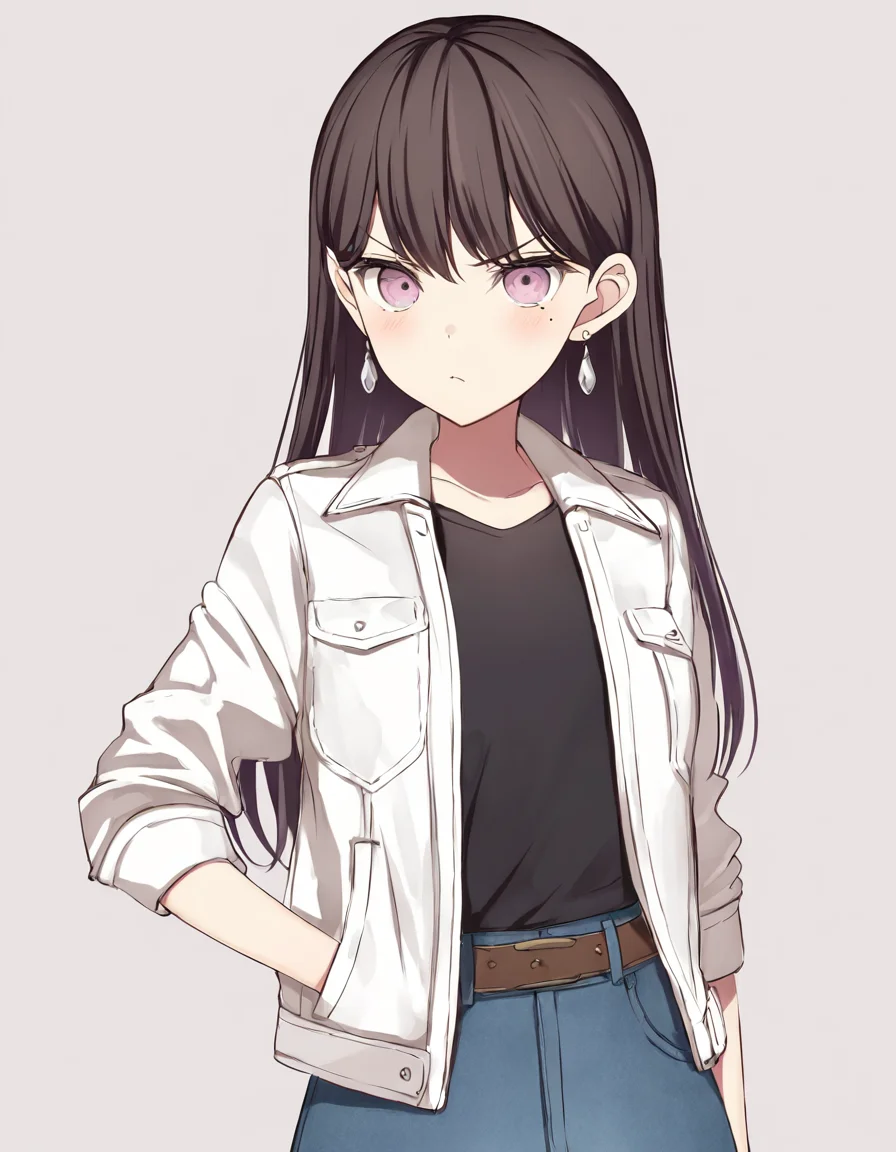 <lora:shiina_taki_IlluXL:1>, shiiina taki, mole under eye, 1girl, solo, earrings, belt, open jacket, white jacket, denim skirt, black shirt, simple background, looking at viewer, v-shaped eyebrows,, best quality, masterpiece,highres,
