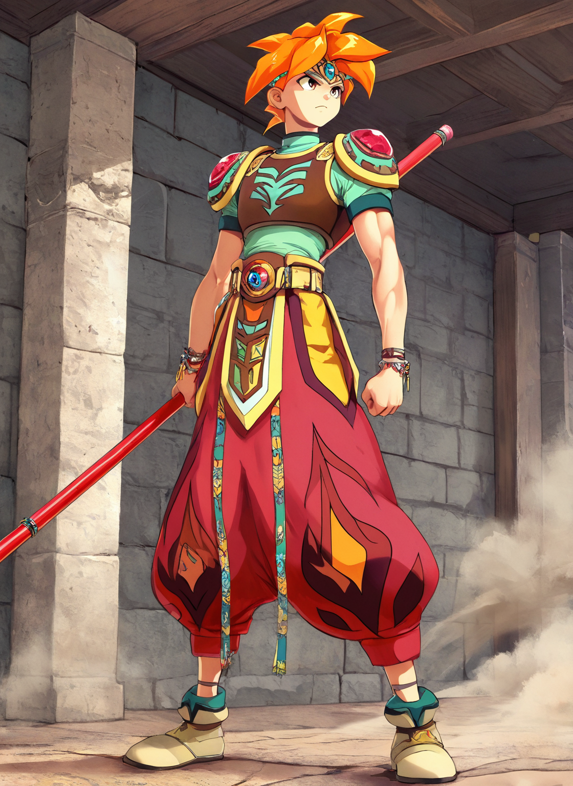 masterpiece, best quality, amazing quality, ermi, rdf02, terranigmark, 1boy, solo, toned male, spiky orange hair, design pauldrons, jewel headband, print shirt, green sleeves, bracelets, belt straps, red baggy pants, footwear, holding weapon, bo staff, indoors, catabomb, chains, dust, stone walls, serious