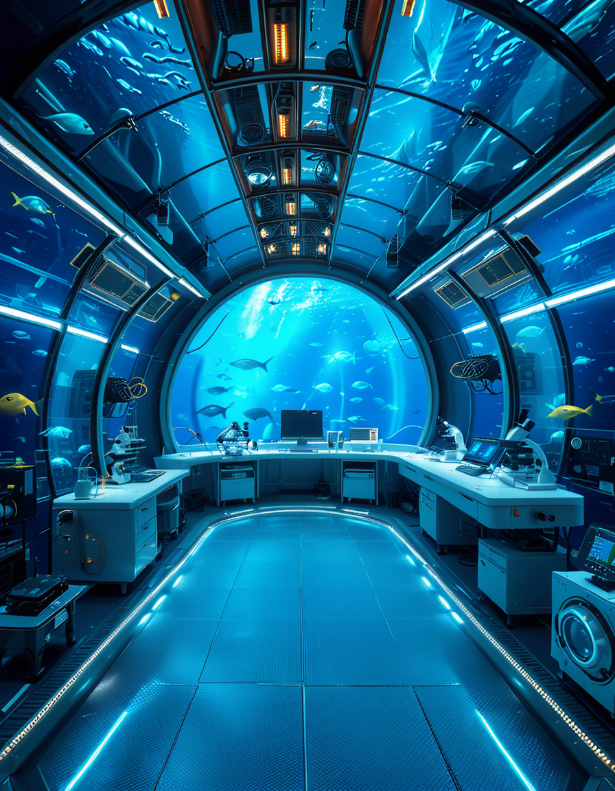 A futuristic underwater research laboratory,underwater research l4b0r4t0ry, located deep beneath the ocean's surface, surrounded by vibrant marine life and illuminated by soft, bioluminescent lighting. The laboratory features large, reinforced glass domes offering a panoramic view of the surrounding blue abyss, with schools of colorful fish and rays of sunlight filtering through the water above. Inside, advanced scientific equipment, glowing computer screens, and researchers in modern wetsuits or lab coats are visible, conducting experiments. The structure is sleek and metallic, with curved, aerodynamic designs to withstand water pressure. Coral reefs and marine plants grow nearby, adding natural beauty. The lighting is a mix of cool, bluish tones, with faint yellow lights from the laboratory windows creating a contrast. The atmosphere is calm yet futuristic, with a focus on scientific exploration and harmony with the marine environment.
<lora:SDXLFaeTastic2400:0.4> <lora:extremely_detailed:0.4> extremely detailed, <lora:underwater_research_l4b0r4t0ry:1>