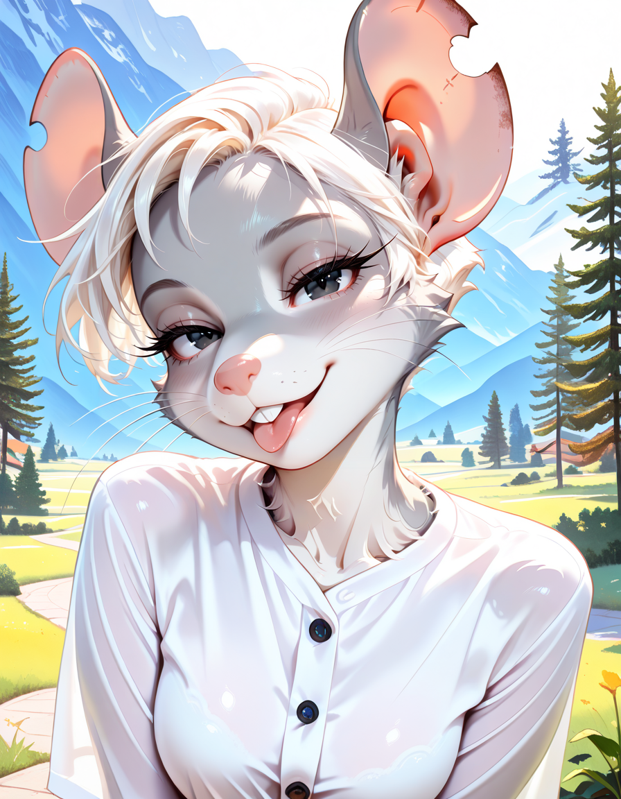 masterpiece, best quality, very aesthetic, absurdres,
outdoors, 
headshot, head tilt, tongue out, 
black button-down shirt,
seductive smile, parted lips, long eyelashes,
<lora:Amelia_v01_NAIXL:1>
Amelia,1girl,solo,furry,female,mouse girl,mouse ears,notched ear,white hair,very short hair,black eyes,snout,buck teeth,whiskers,body fur,grey fur,